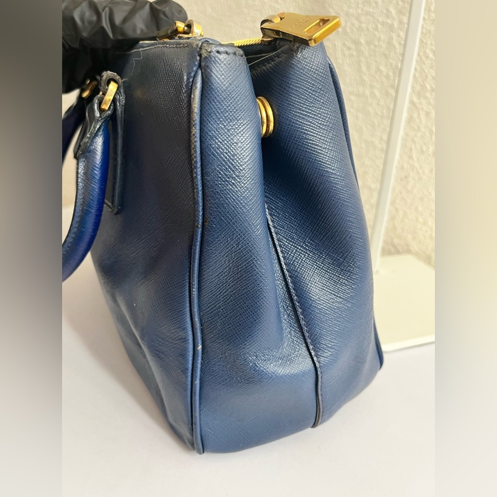 Prada Navy Saffiano Leather Double-Handle Satchel with Gold Hardware - Picture 9 of 16